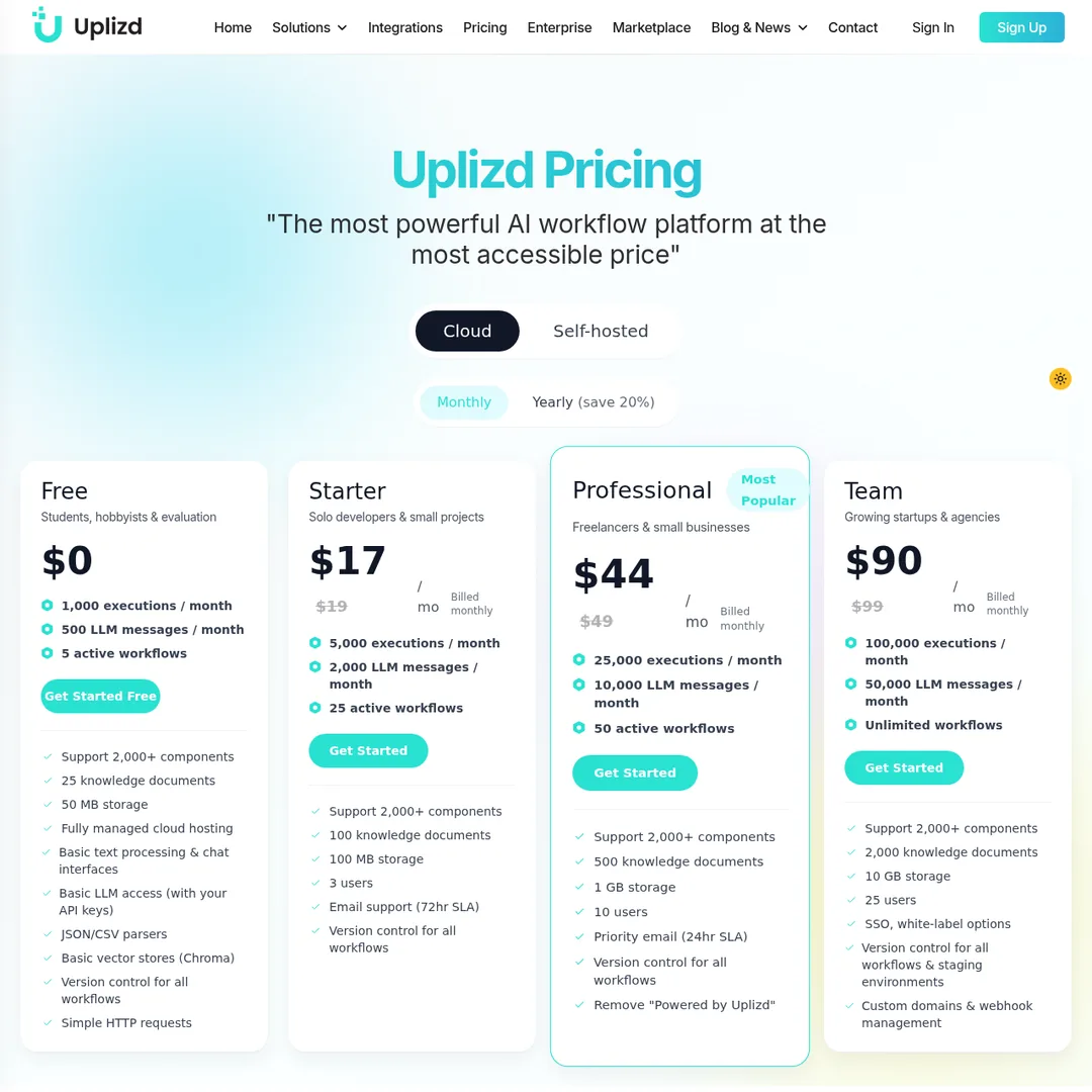 Uplizd pricing page screenshot
