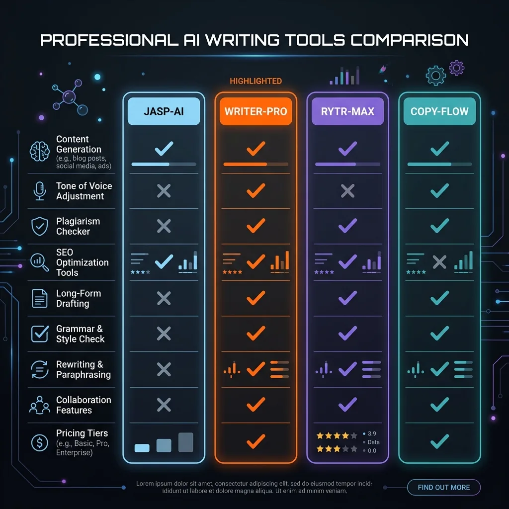 Writefull alternatives comparison infographic showing Grammarly, ProWritingAid, Paperpal, and LanguageTool