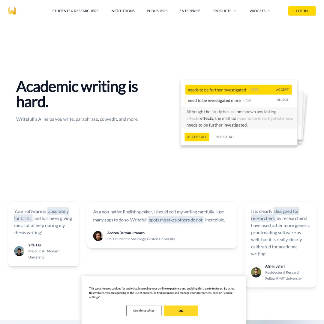 Writefull homepage showing AI writing tools for academic researchers and students