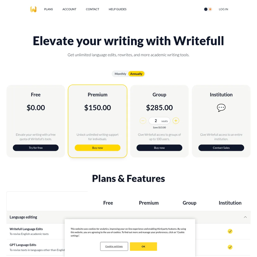 Writefull pricing page screenshot showing plan details and features comparison