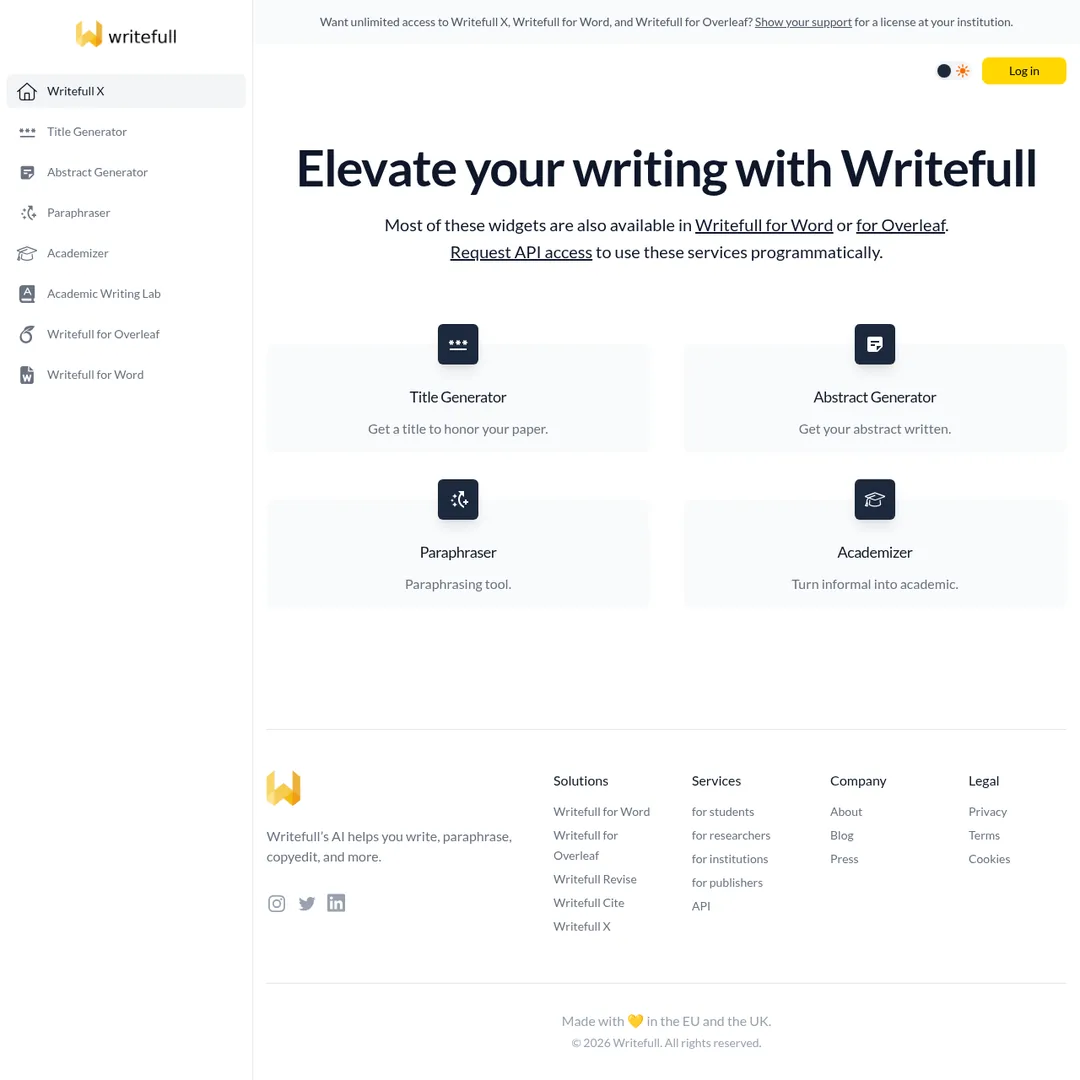 Writefull X browser-based AI writing widgets for paraphrasing, title generation, and academic writing